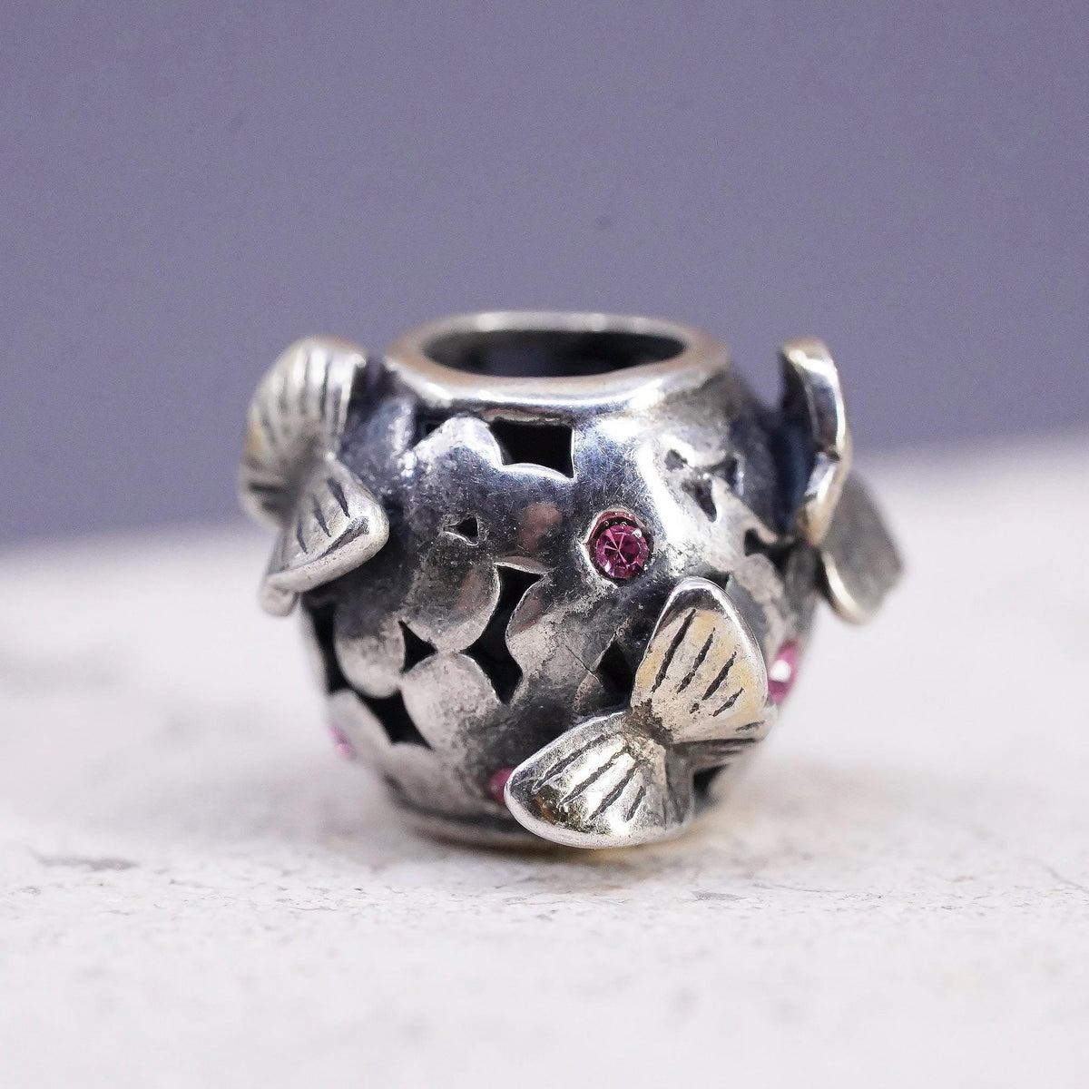 Vintage Sterling silver handmade bead pendant, 925 floral charm with butterfly