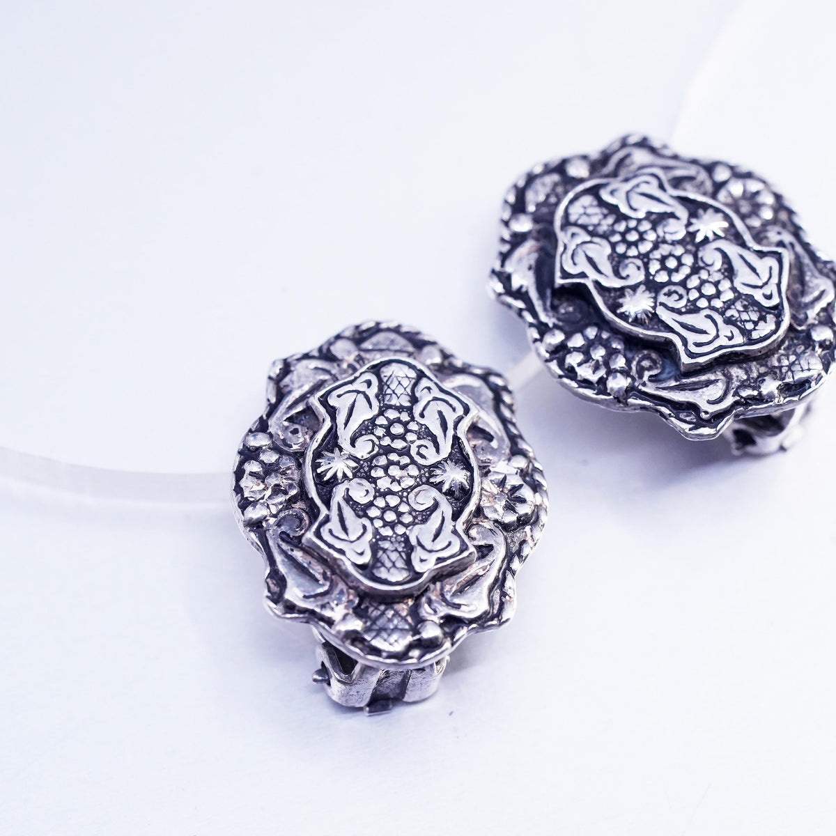 VTG Sterling 925 Silver Ornate Clip On, Floral Scroll Statement Earrings