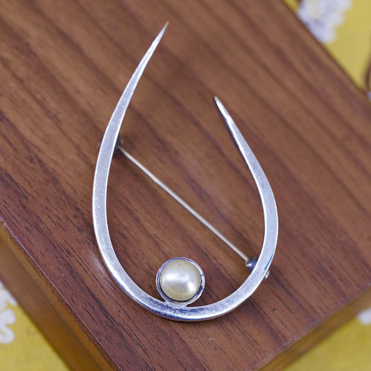 Vintage Mexican handmade sterling silver brooch, 925 U shaped pin with pearl