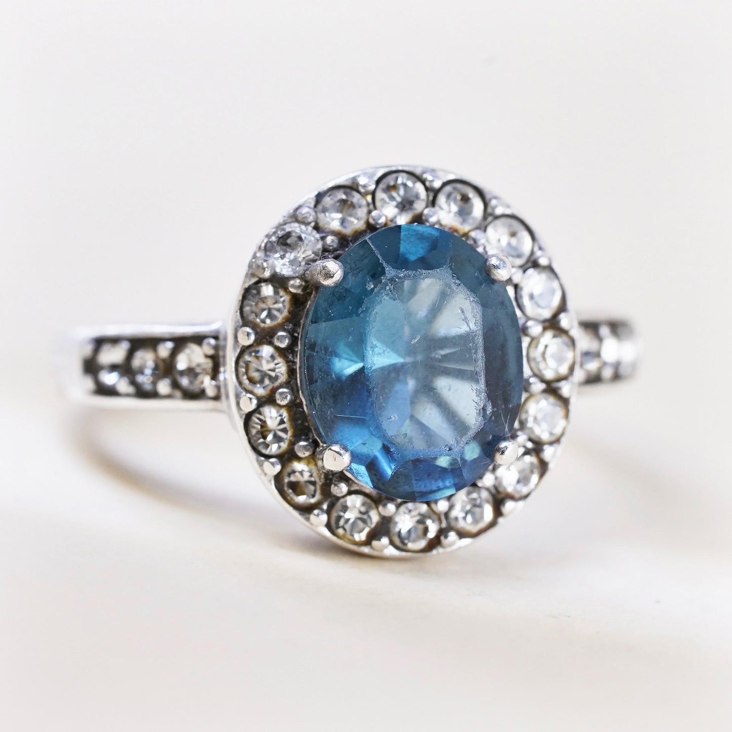 Size 8, vintage sterling 925 silver filigree statement ring with oval topaz cz