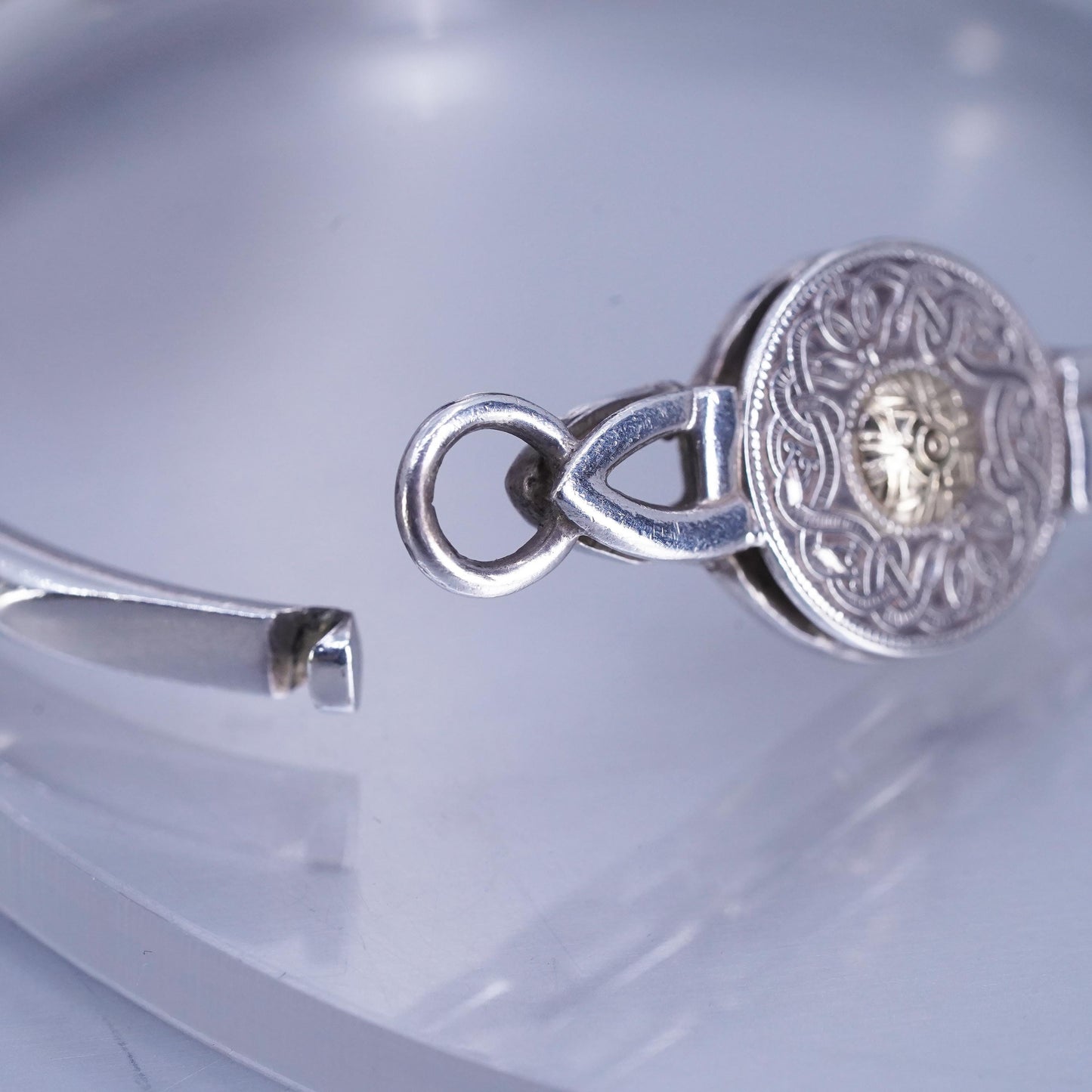 7”, two tone Irish Sterling 925 silver bracelet, hinged bangle 14K yellow gold