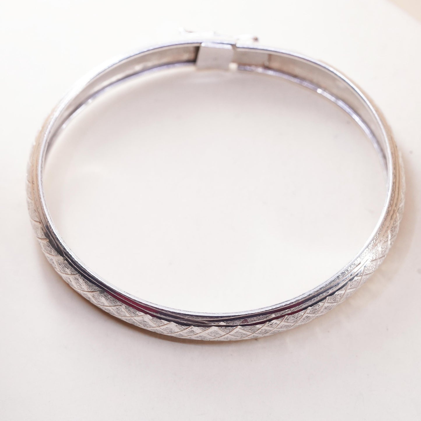 7”, vintage Sterling silver bracelet, textured 925 bangle with latch closure