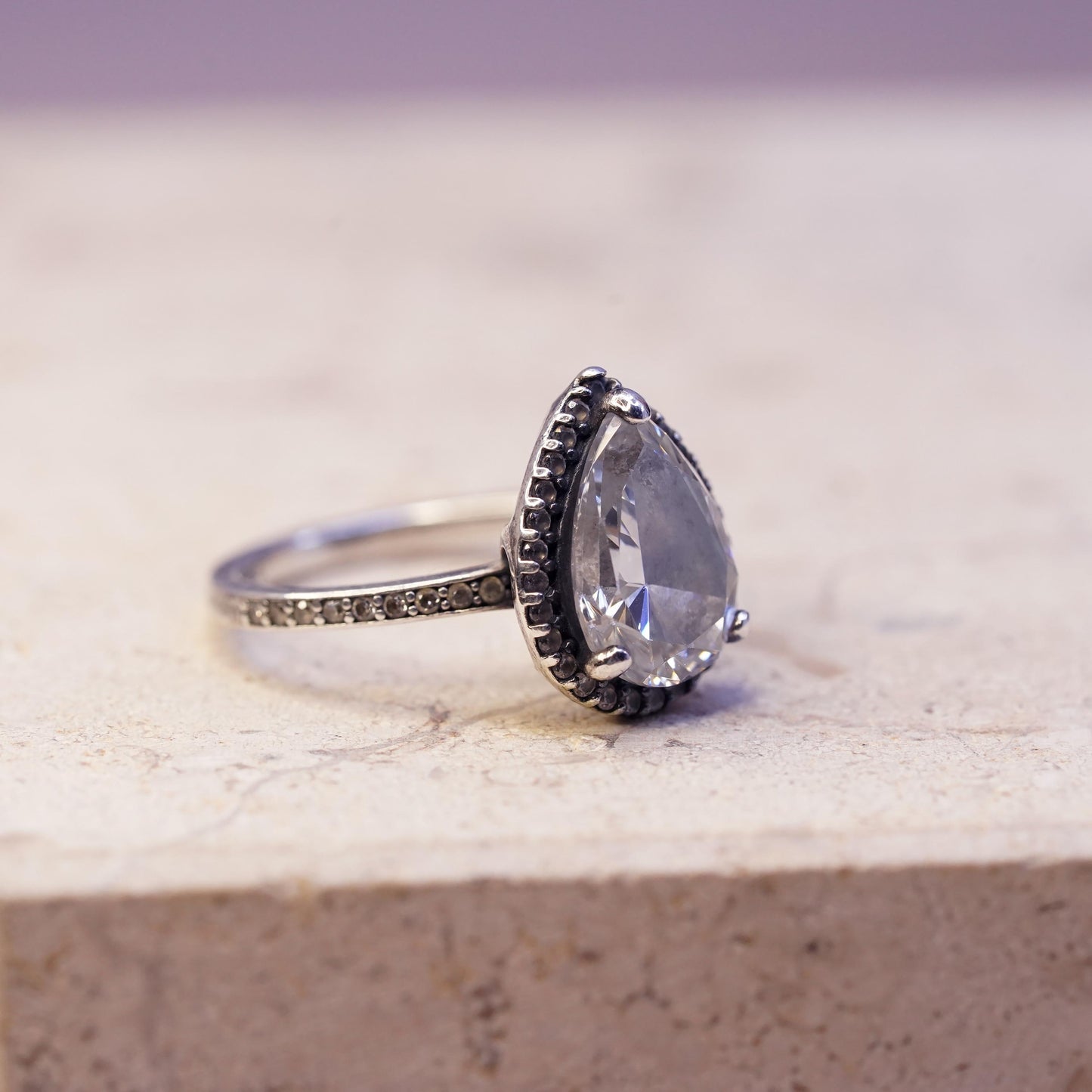 Size 5, vintage ALE sterling 925 silver engagement ring with teardrop cz