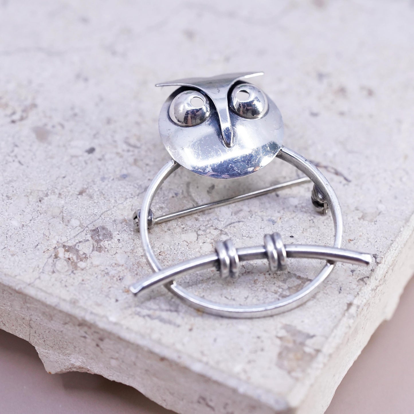 Vintage Beau sterling silver handmade brooch, simplified 925 owl pin