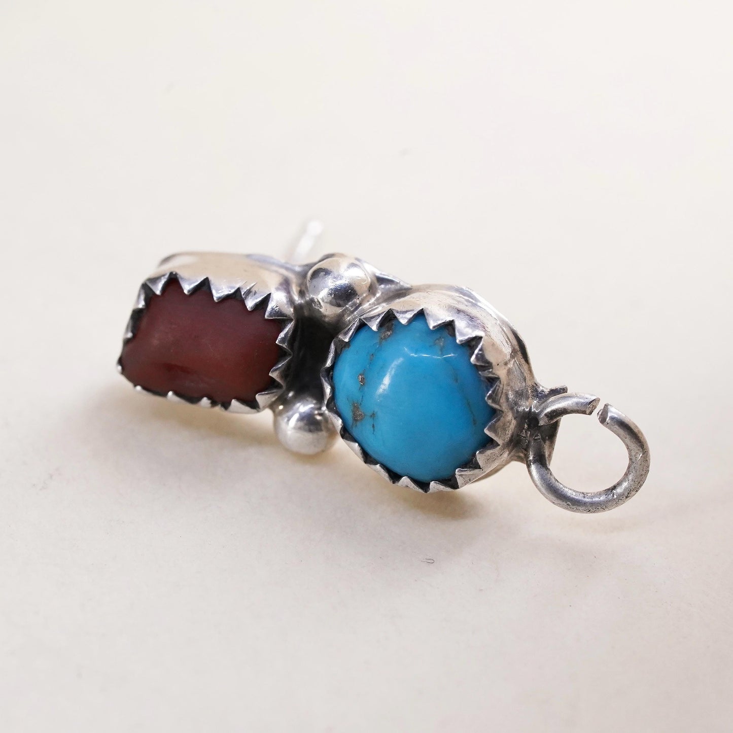 Native American Navajo single earring. Sterling 925 silver teardrop stud coral
