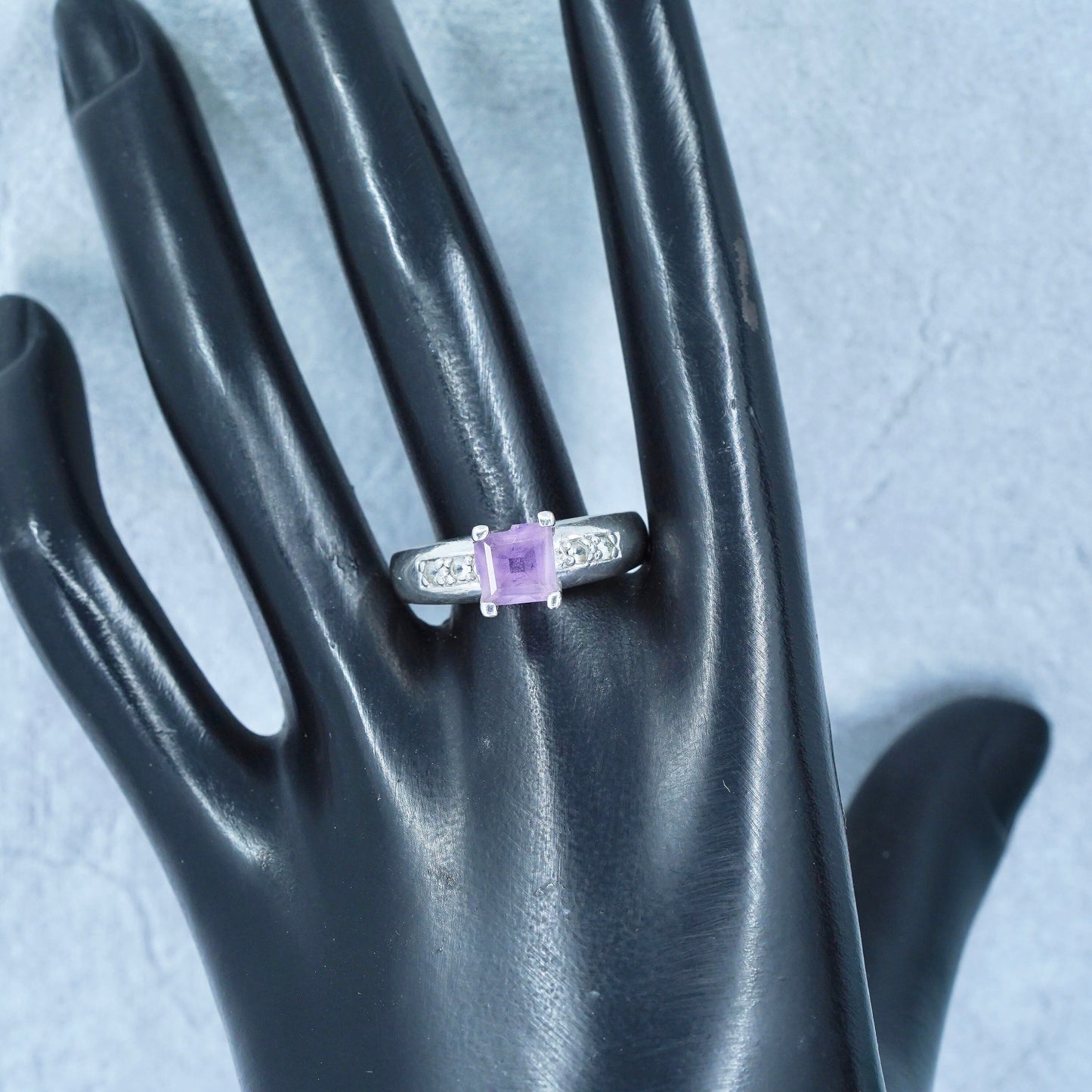 Size 11, vintage Sterling 925 silver handmade ring with amethyst and diamond