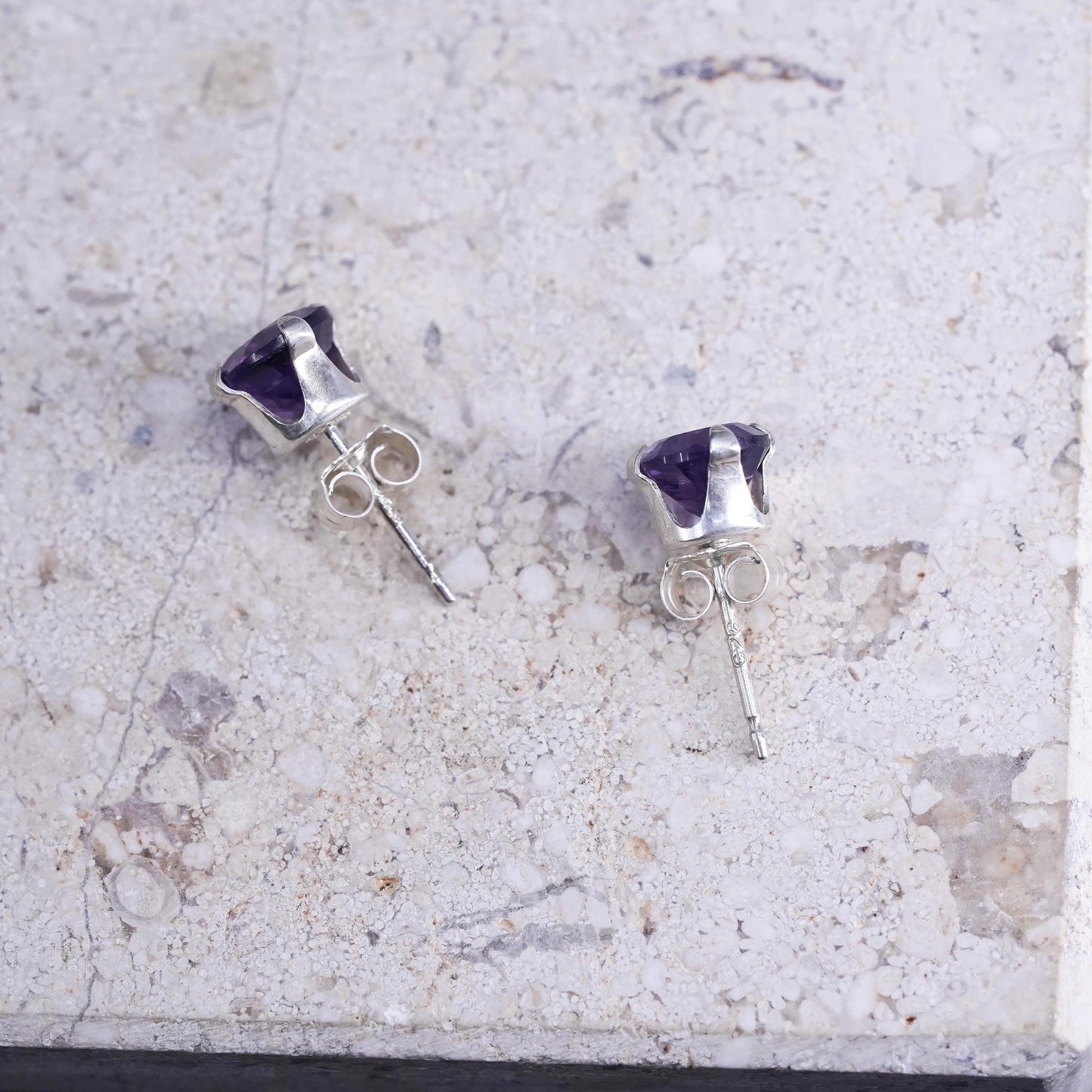 Vintage sterling silver handmade earrings, 925 studs with amethyst
