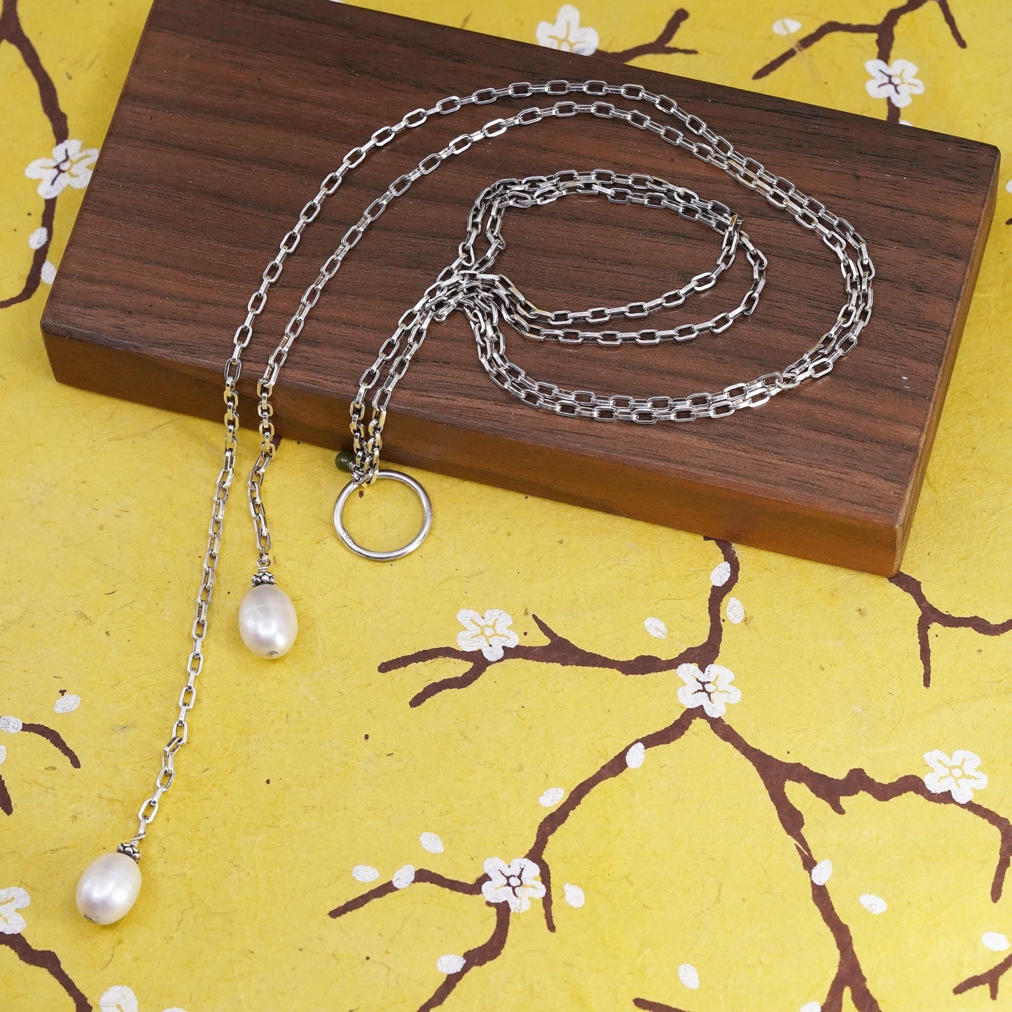 16", VTG Sterling 925 silver double strands oval chain choker necklace pearls