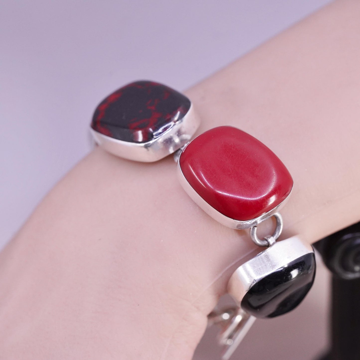 7", Mexican sterling 925 silver bracelet red onyx, bloodstone toggle closure