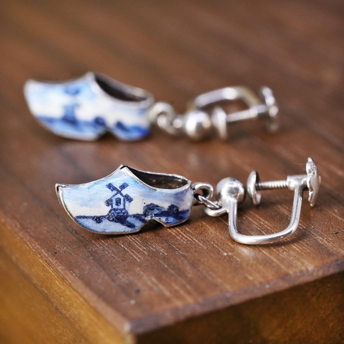 sterling silver handmade earrings, 925 Dutch wooden enamel shoes, symbol