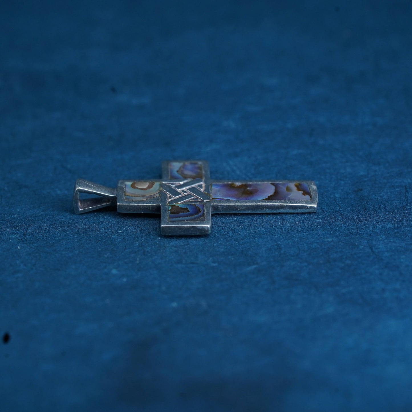Vintage Sterling 925 silver handmade cross pendant with abalone