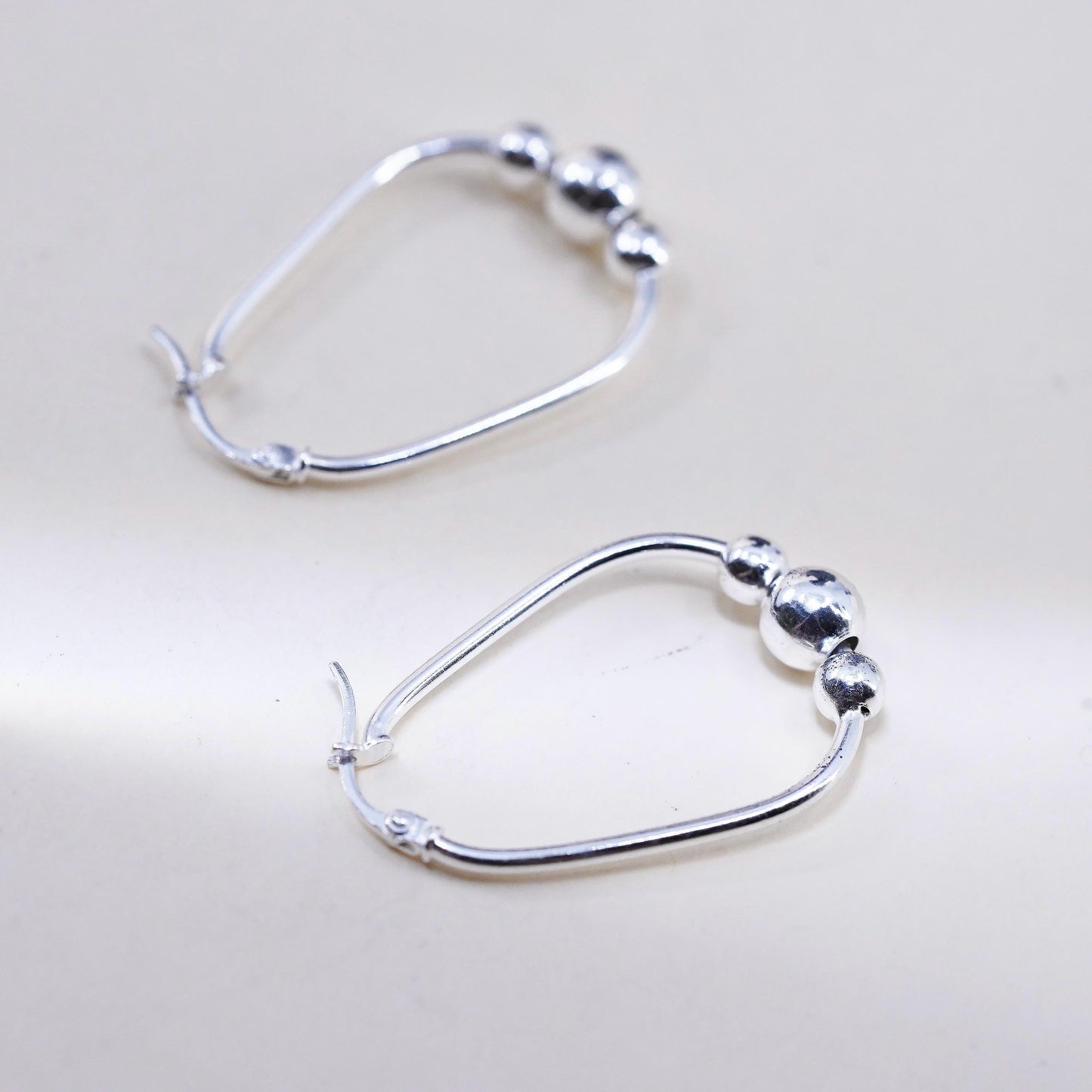 1.25”, Vintage sterling 925 silver loop handmade earrings, beaded oval hoops