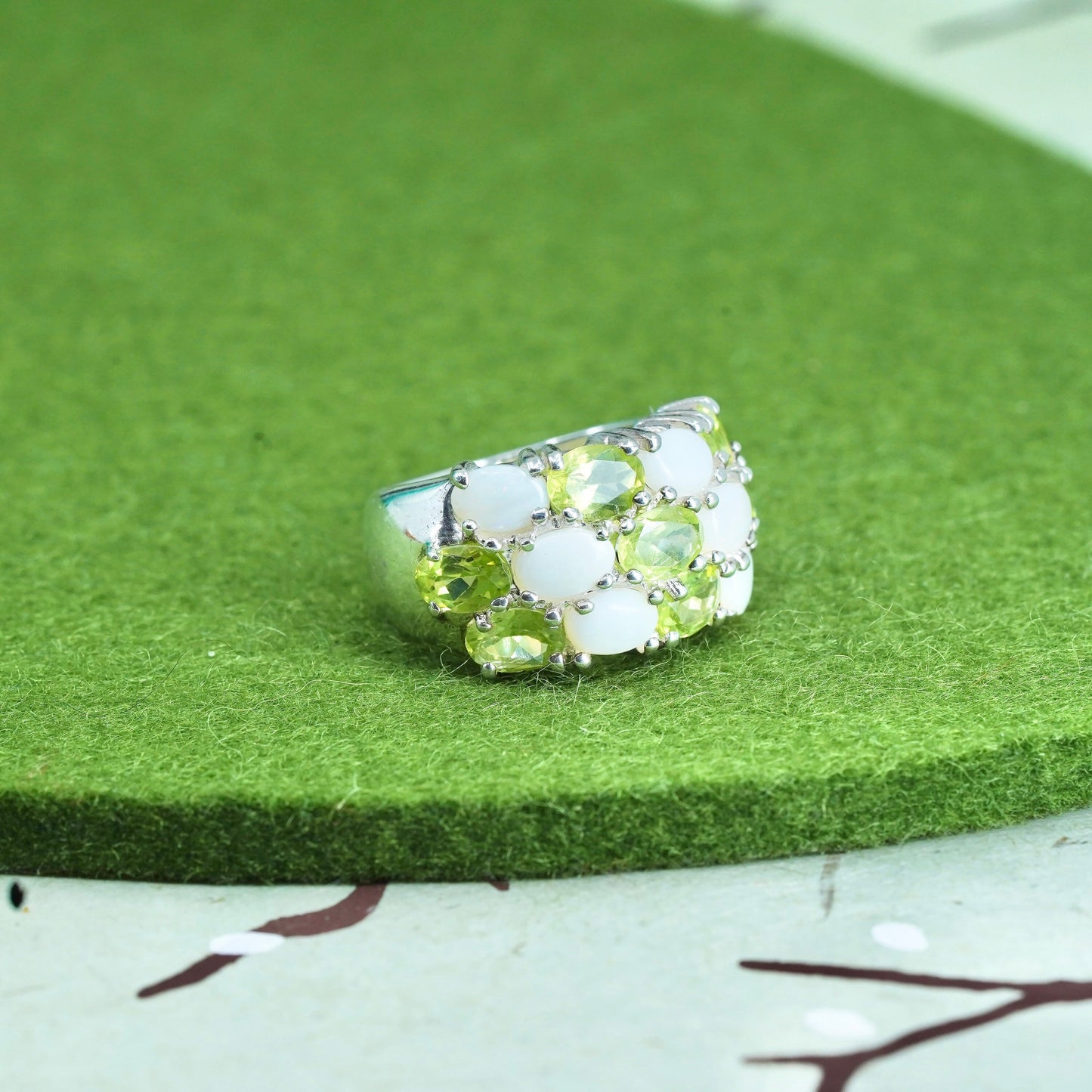 Size 6, vintage Sterling silver handmade ring, 925 band with opal and peridot