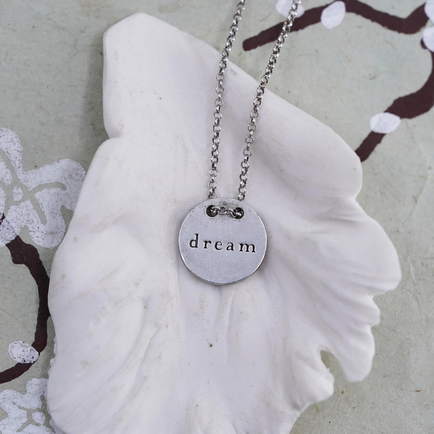 18+2”, vintage sterling 925 silver circle chain necklace with dream tag pendant