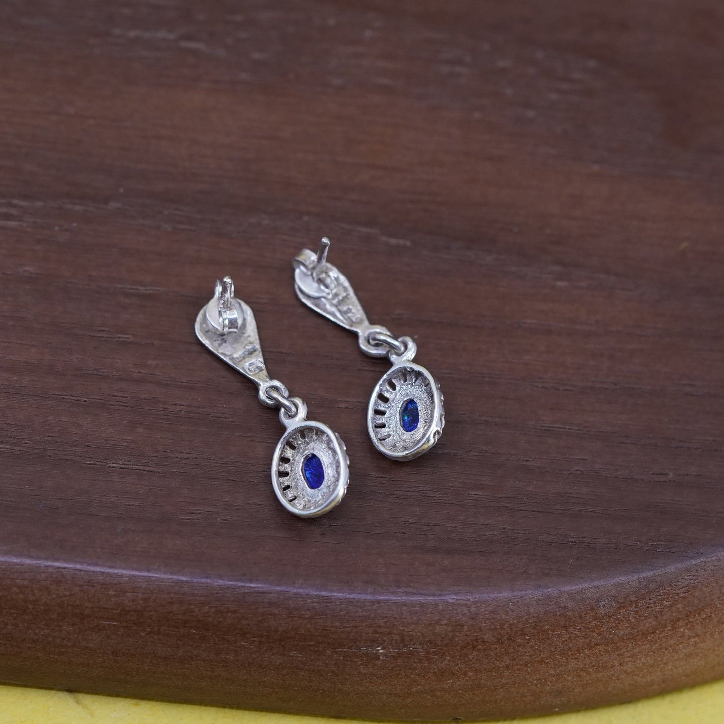 Vintage sterling silver 925 handmade earrings with blue dichroic glass drops