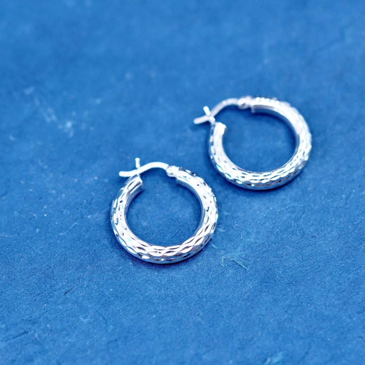 0.75”, vintage Sterling silver handmade earrings, textured 925 hoops, huggie