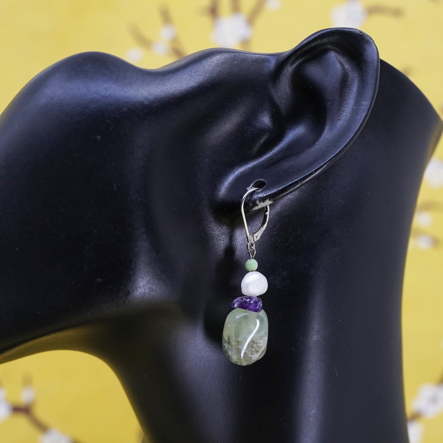 Sterling silver 925 handmade earrings with pearl prehnite amethyst nuggets