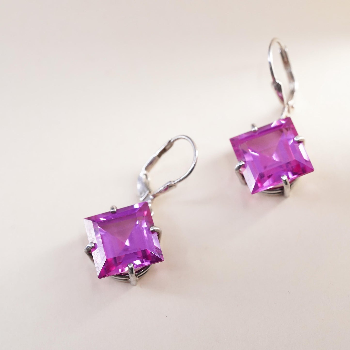 Vintage Sterling 925 silver handmade square earrings with pink crystal