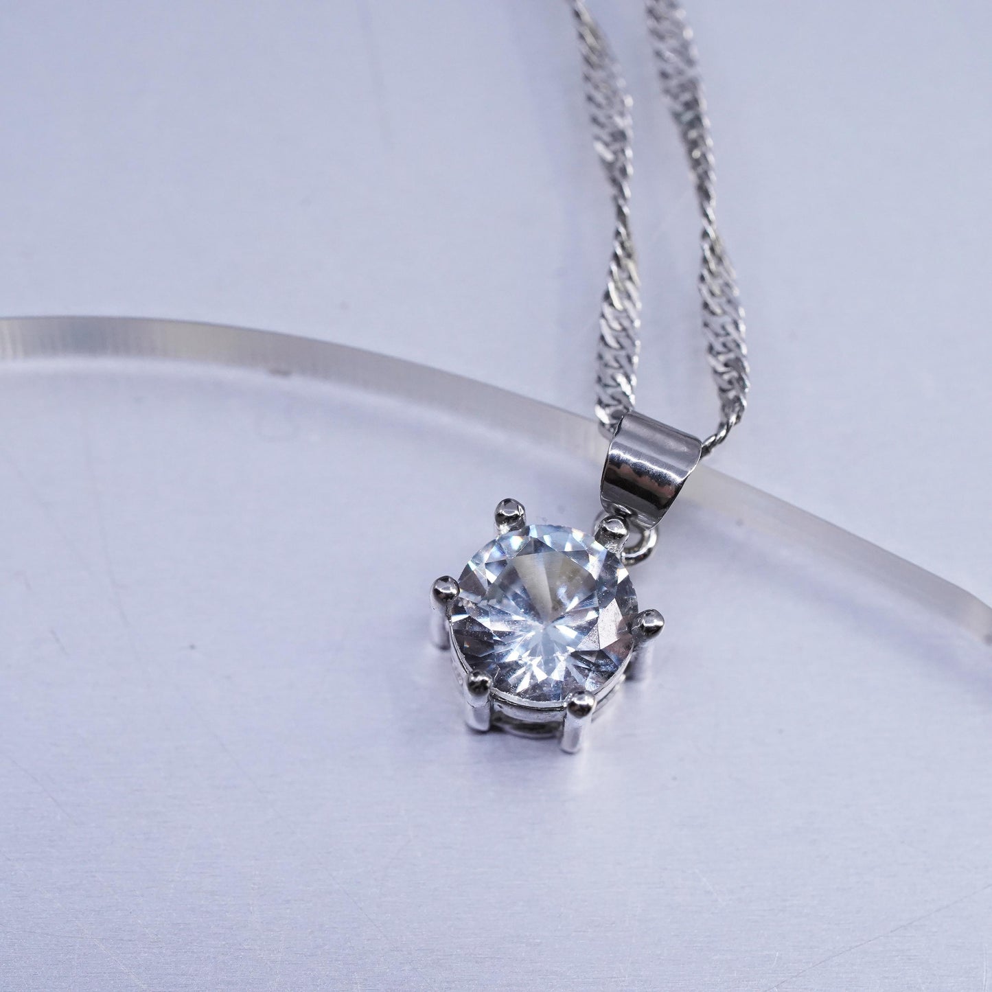 18" 2mm, vintage Sterling 925 silver twisted curb chain necklace w/ cz pendant
