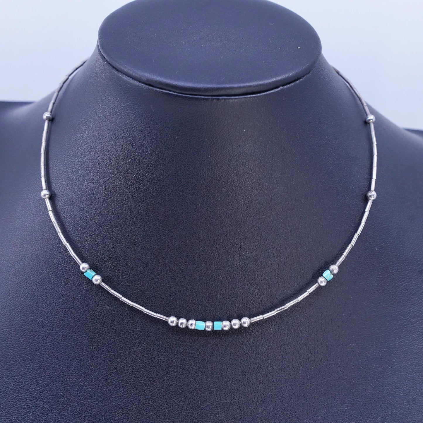 14", Native American Sterling 925 liquid silver necklace with turquoise beads
