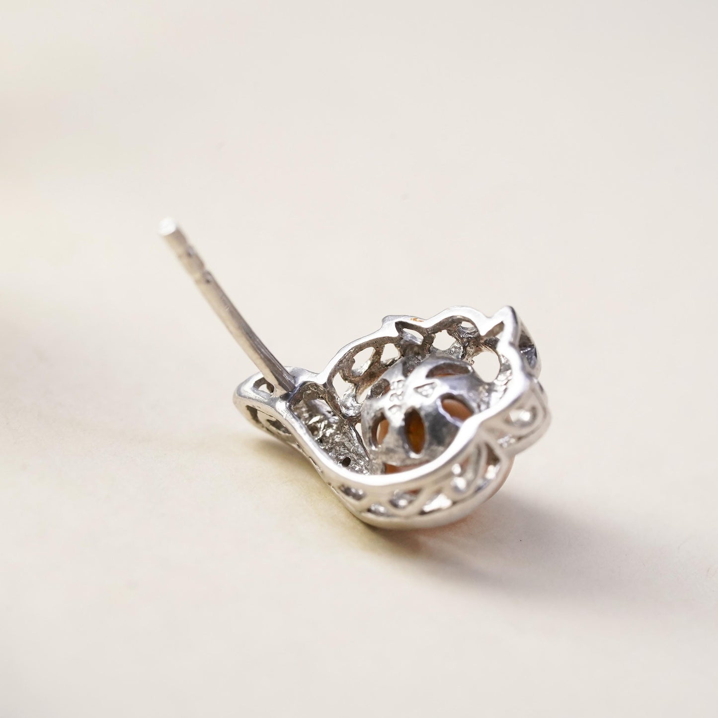 Vintage single earring. Sterling 925 silver pearl stud with diamond details