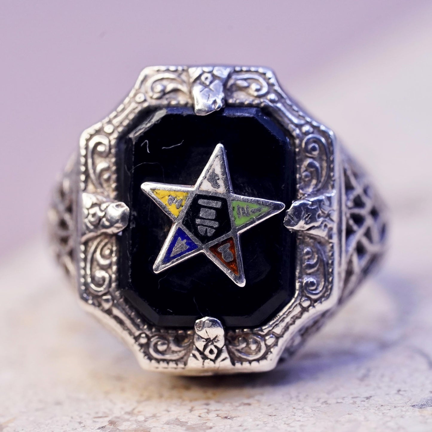 Size 2, Antique Sterling 925 Silver Onyx Ring Enamel Star, Gothic Occult Ring