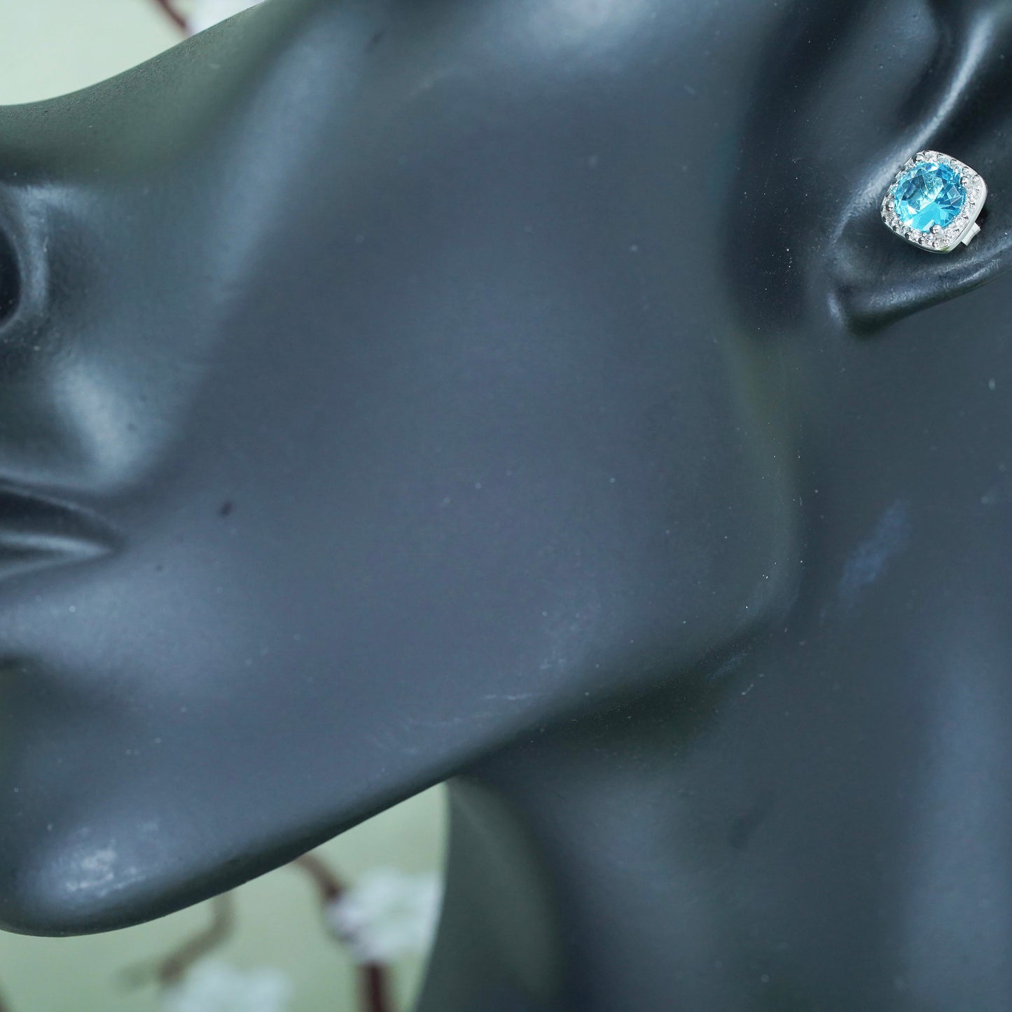 vintage sterling silver earrings w/ blue topaz and cz around, 925 silver studs