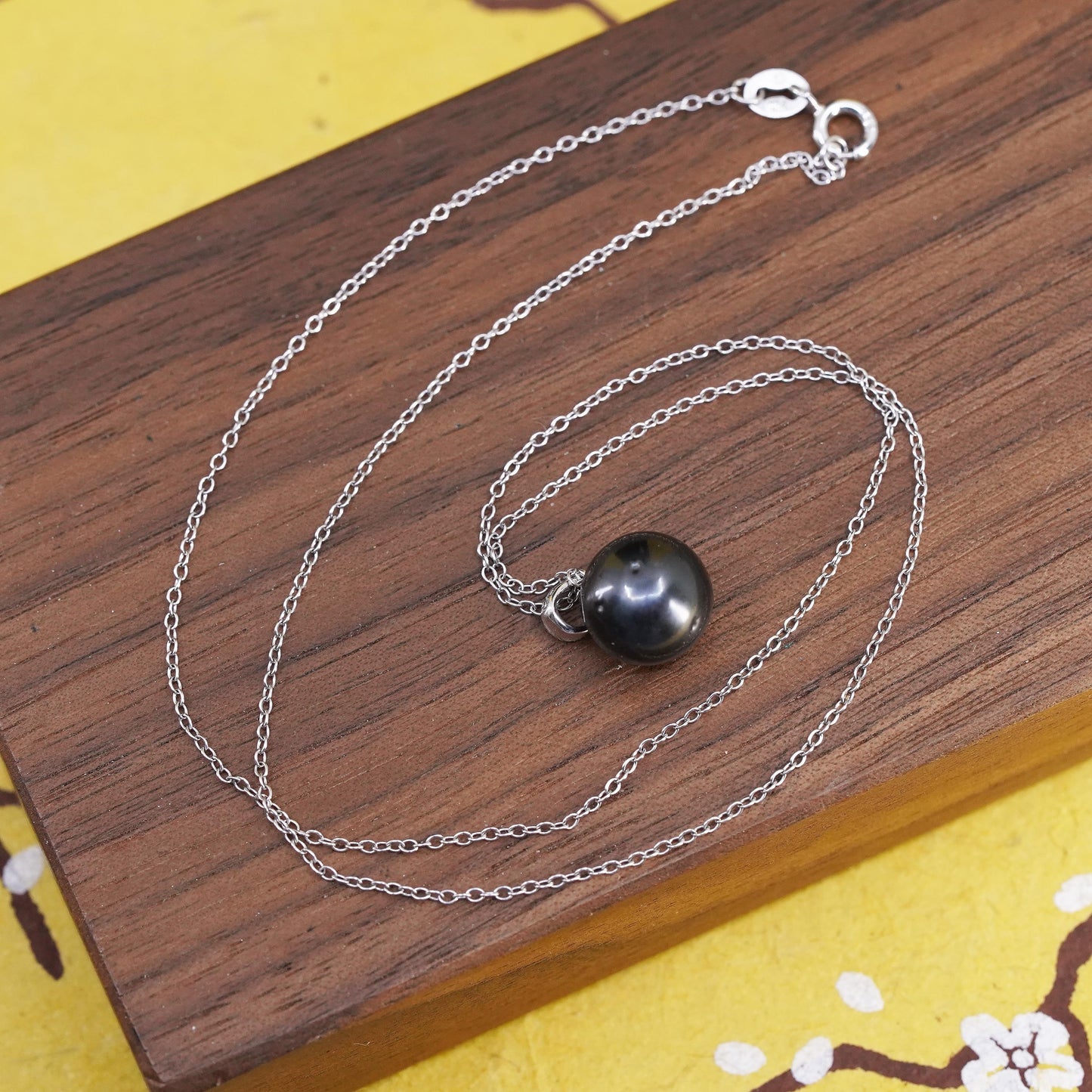 18", VTG sterling silver handmade necklace, 925 circle chain 10mm black pearl