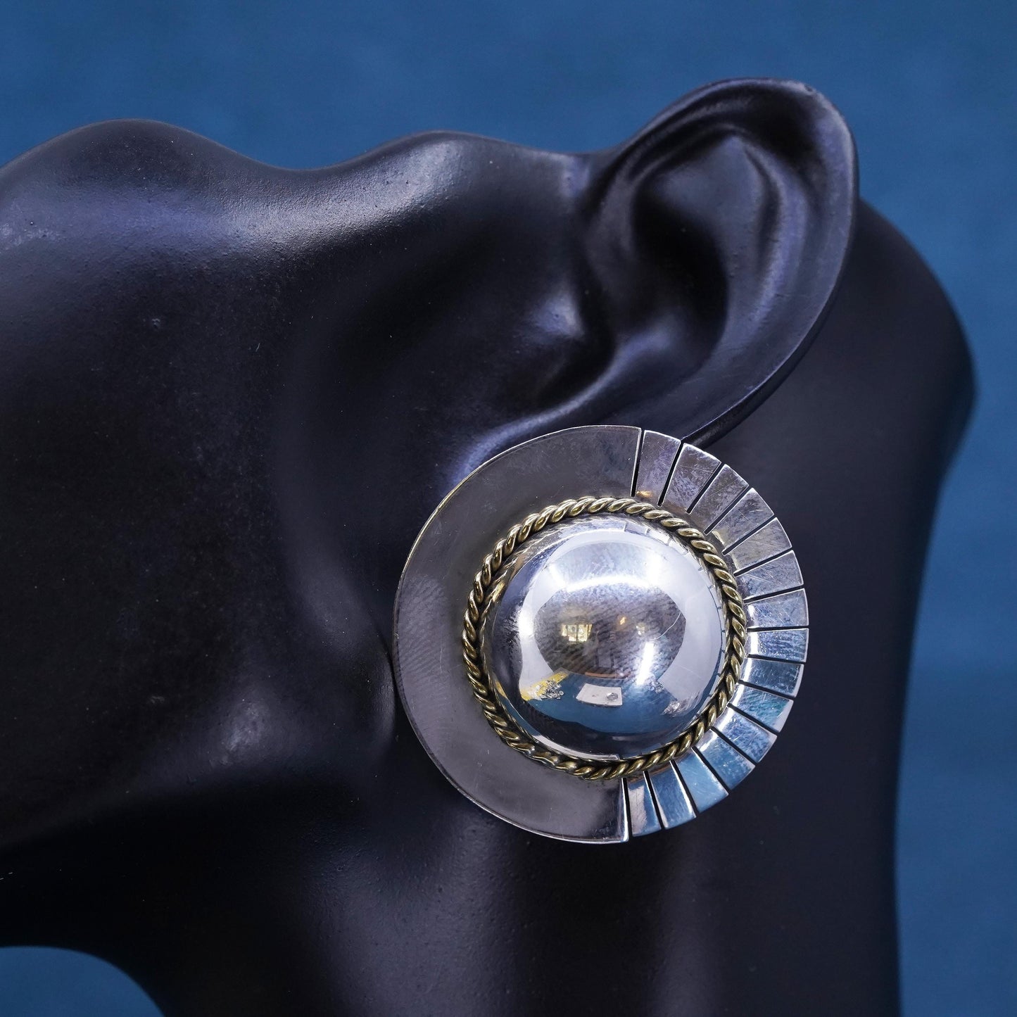 two tone Mexican Sterling silver earrings, 925 sun circle clip on brass cable