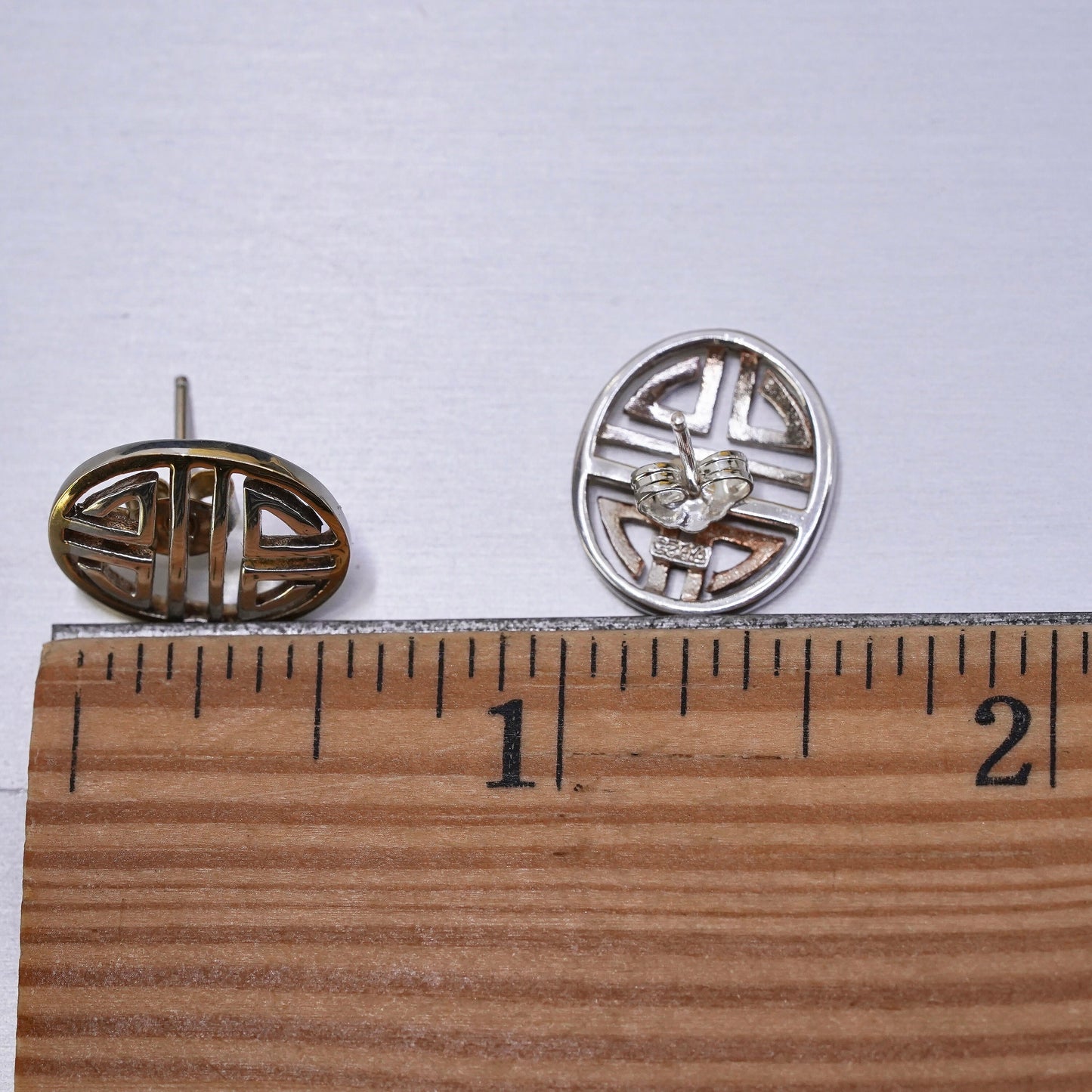 Vintage Sterling silver handmade earrings, 925 greek key oval studs