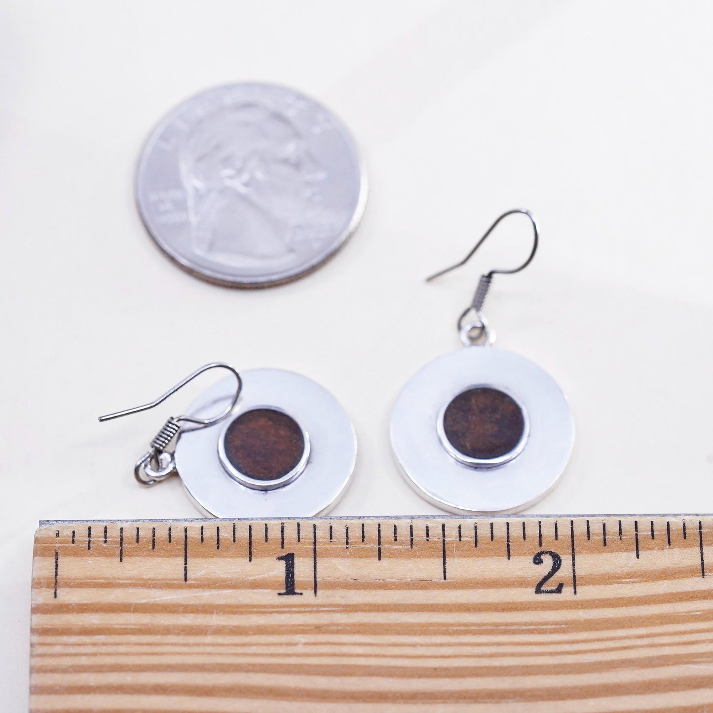 Vintage signed Sterling 925 silver handmade earrings with round drops and amber