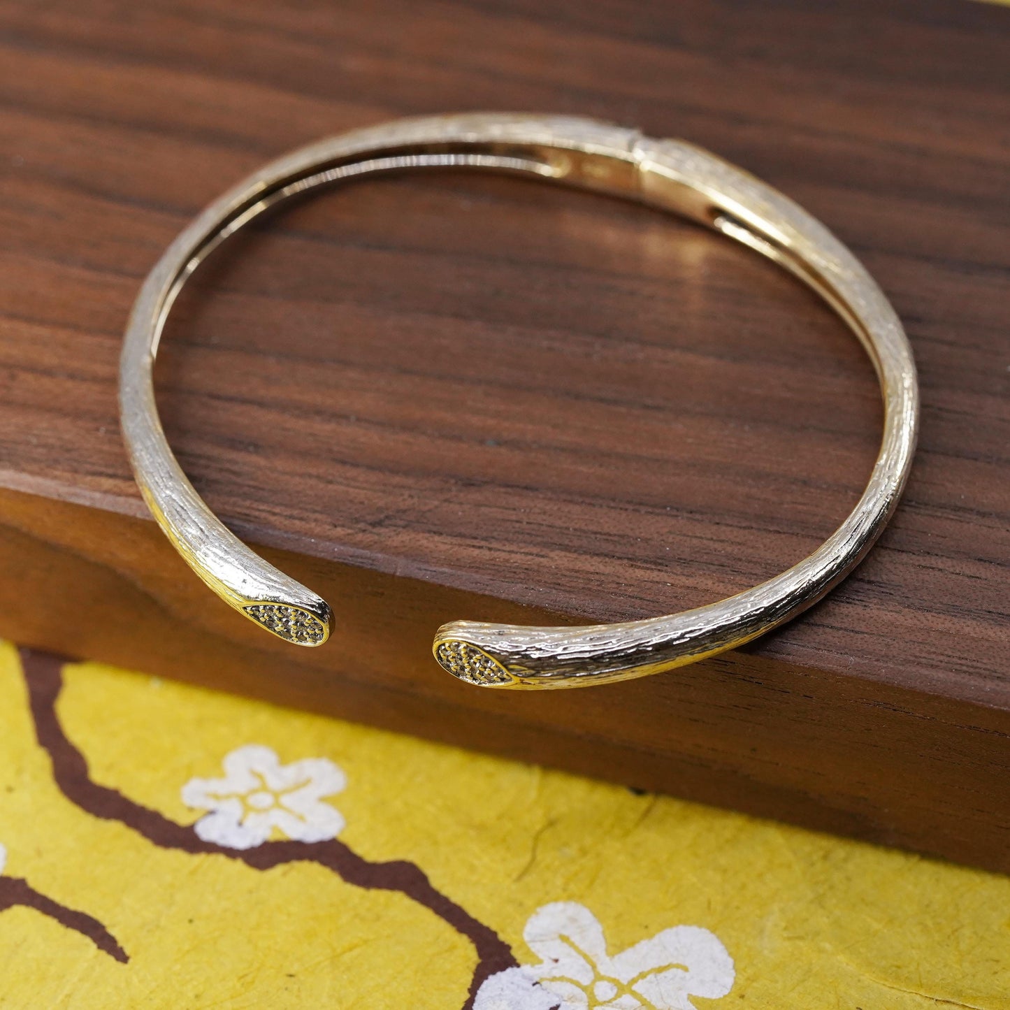 6.5", vermeil gold filled Sterling silver bracelet, 925 textured cuff cz