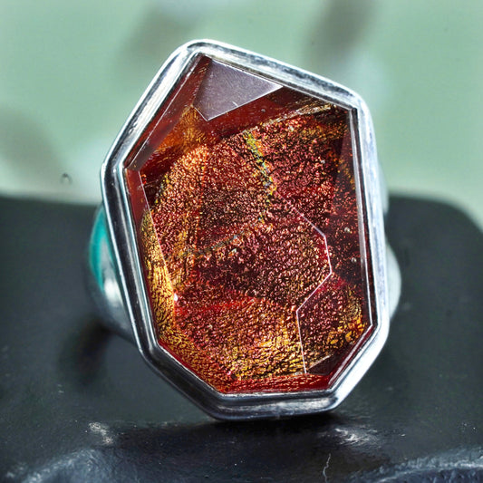 Size 7.25, vintage sterling 925 silver statement ring w/ orange foiled glass