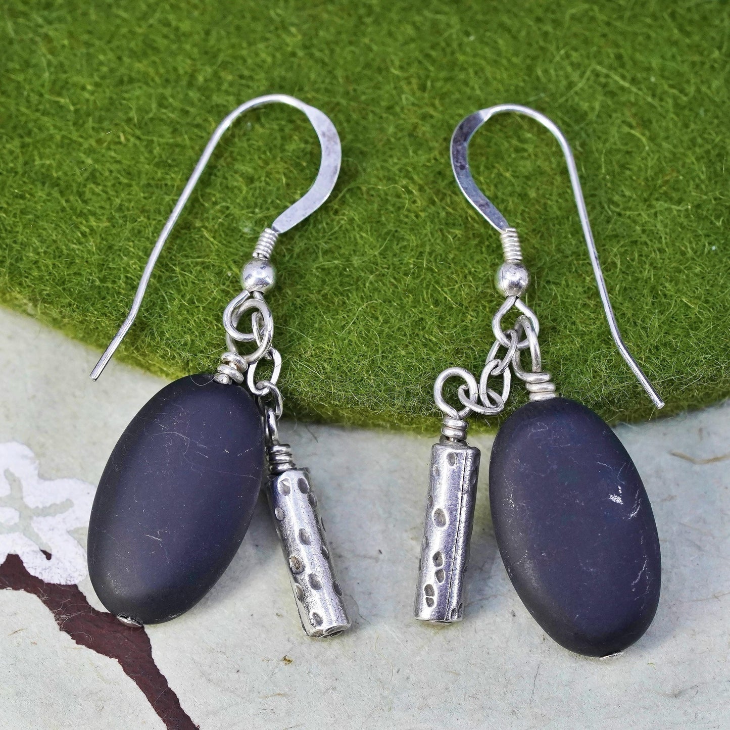 Vintage sterling 925 silver handmade earrings with pebble stone Dangles