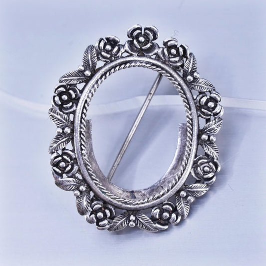 Vintage sterling silver handmade brooch, 925 flower oval photo pin