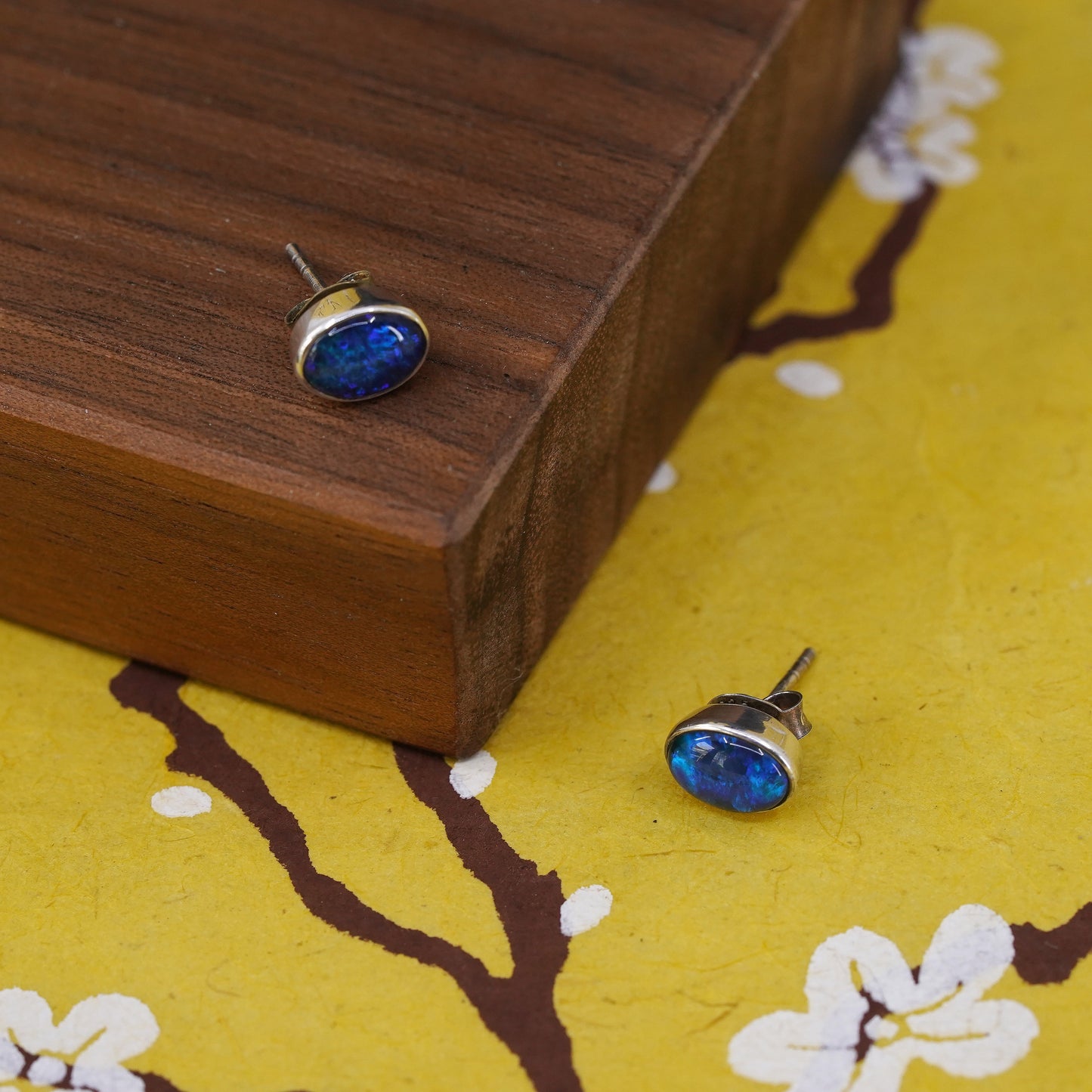 vintage Sterling silver handmade earrings, 925 studs with blue opal inlay
