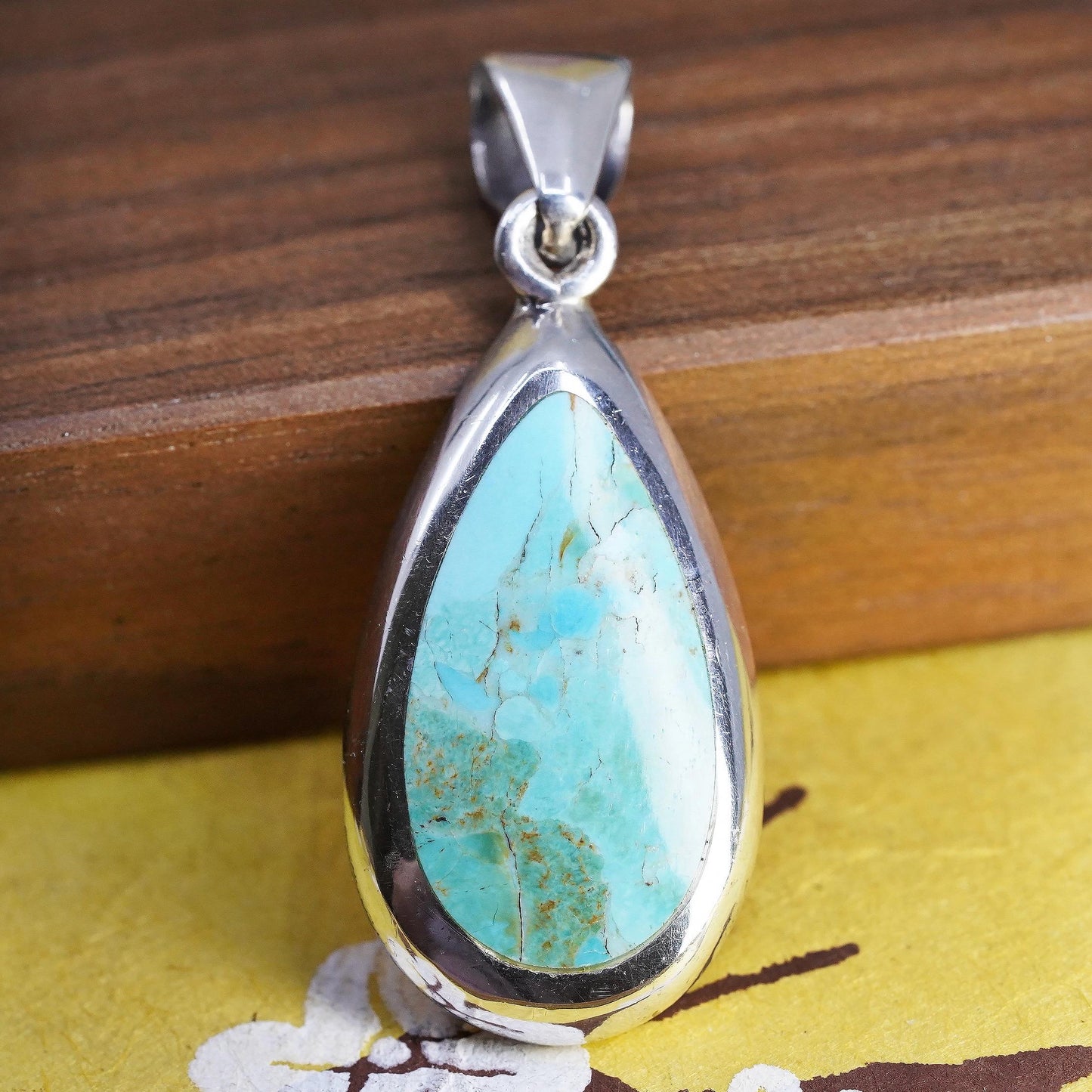 Vintage southwestern Sterling 925 silver handmade teardrop pendant turquoise