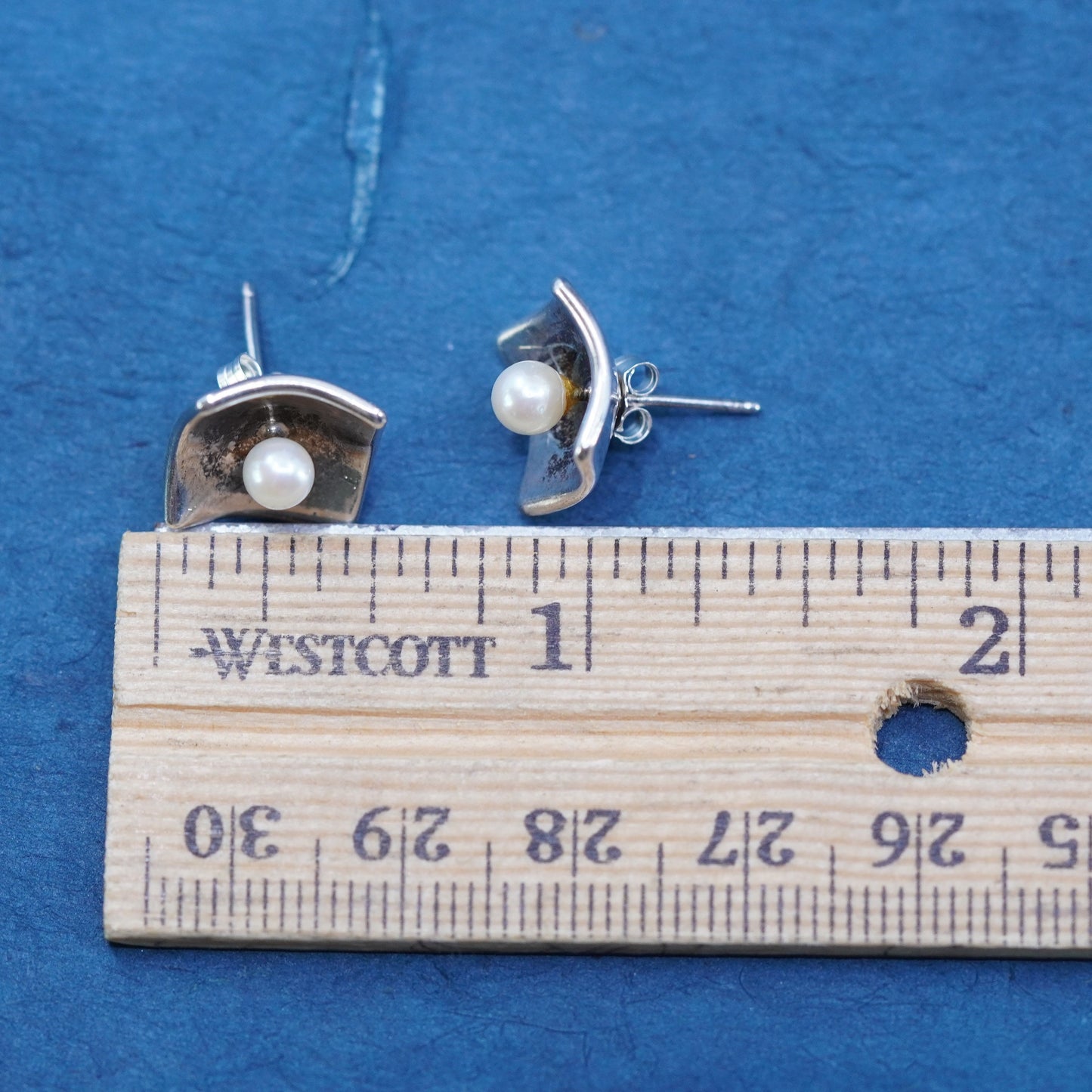 Vintage sterling silver handmade earrings, 925 square studs with pearl