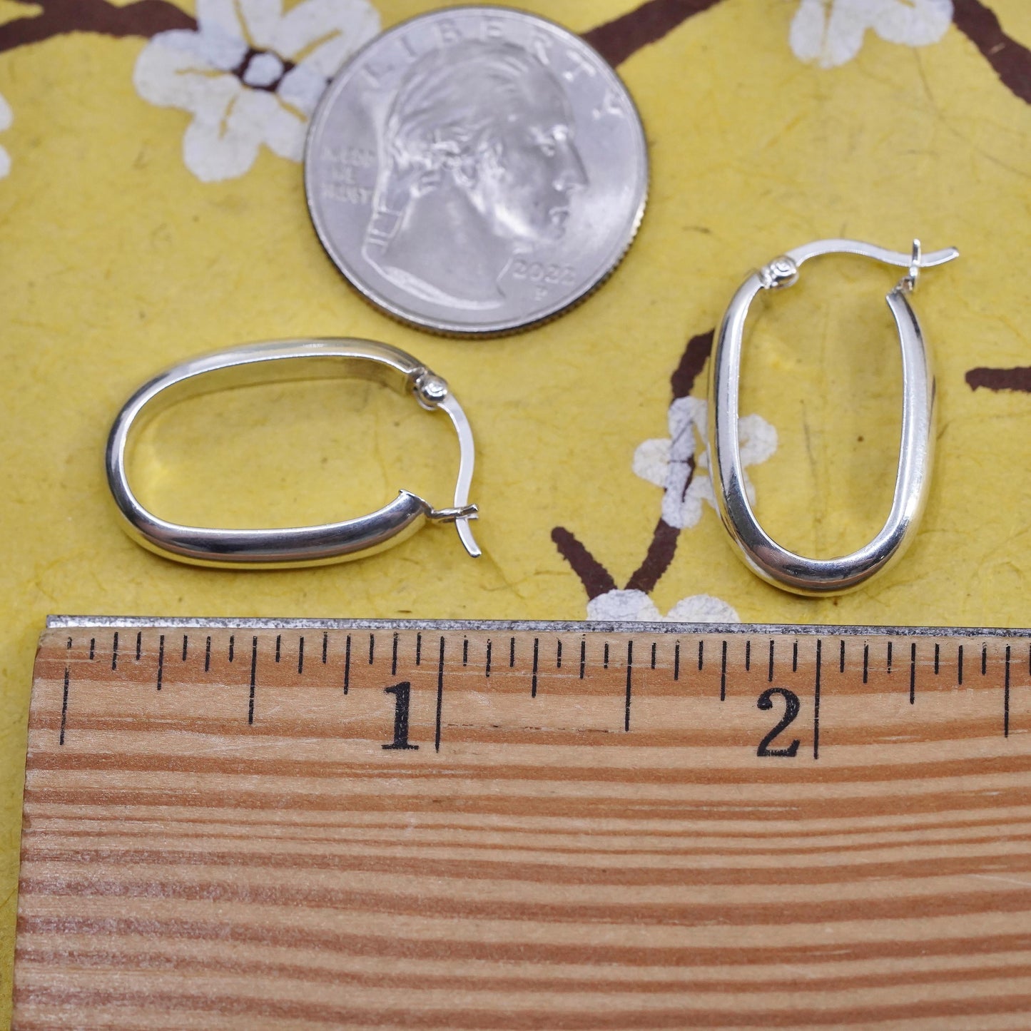 1”, Vintage modern simple Sterling silver handmade earrings, 925 oval hoops