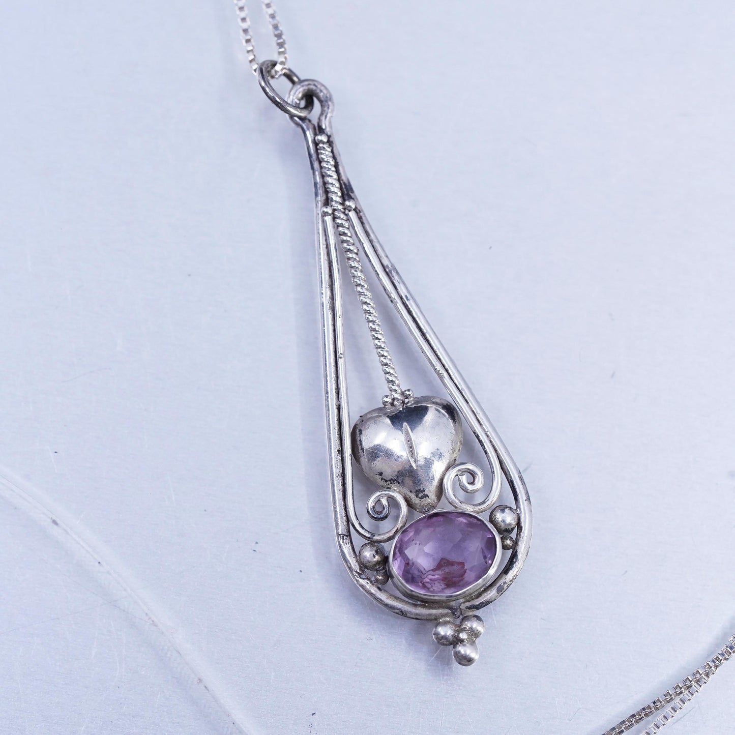 24", Vintage Sterling 925 silver box chain necklace teardrop amethyst pendant