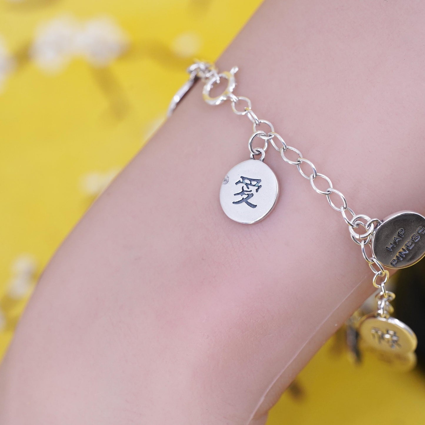 7.25” Sterling silver charm bracelet, 925 oval chain happiness wisdom good luck