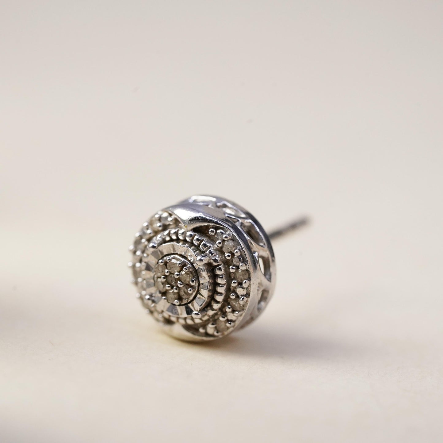 Vintage handmade single earring. Sterling 925 silver stud with cluster diamonds