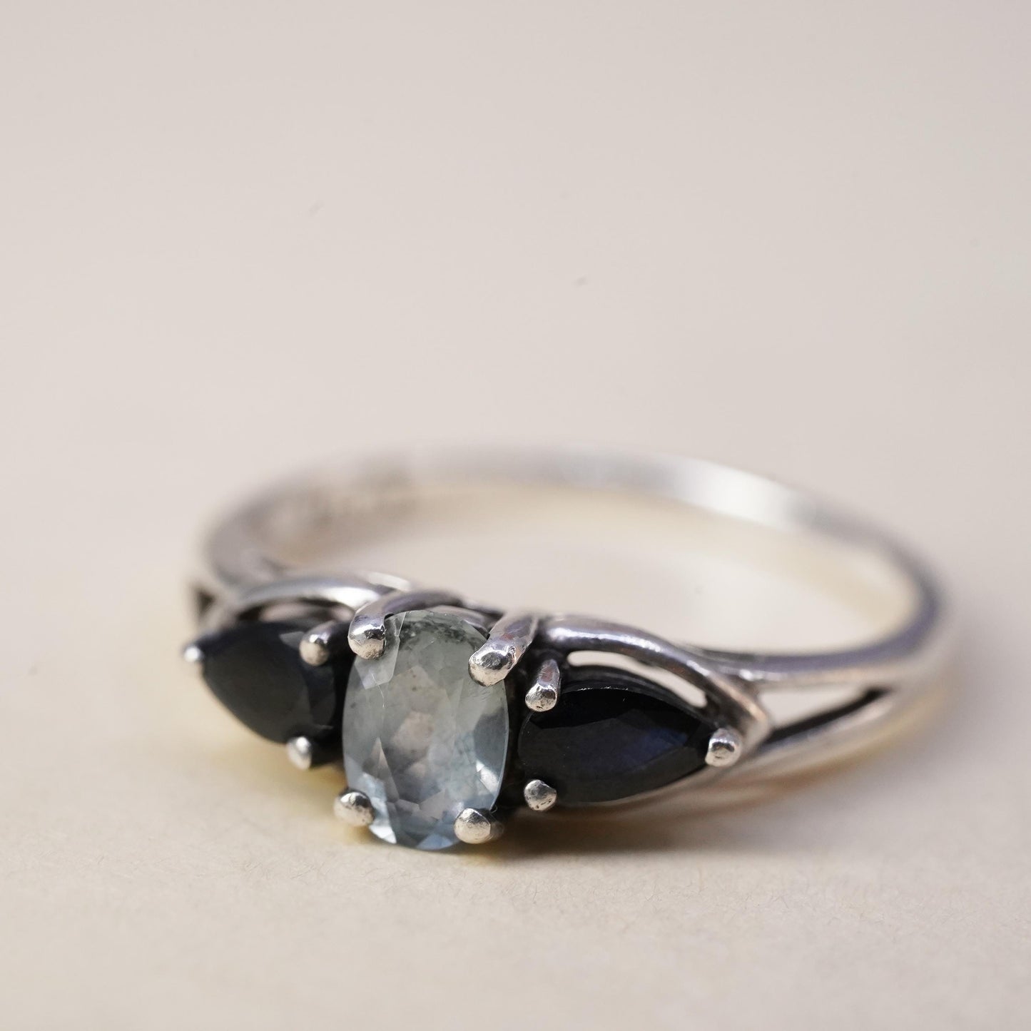 Size 6, vintage Sterling 925 silver engagement ring with crystal and sapphire