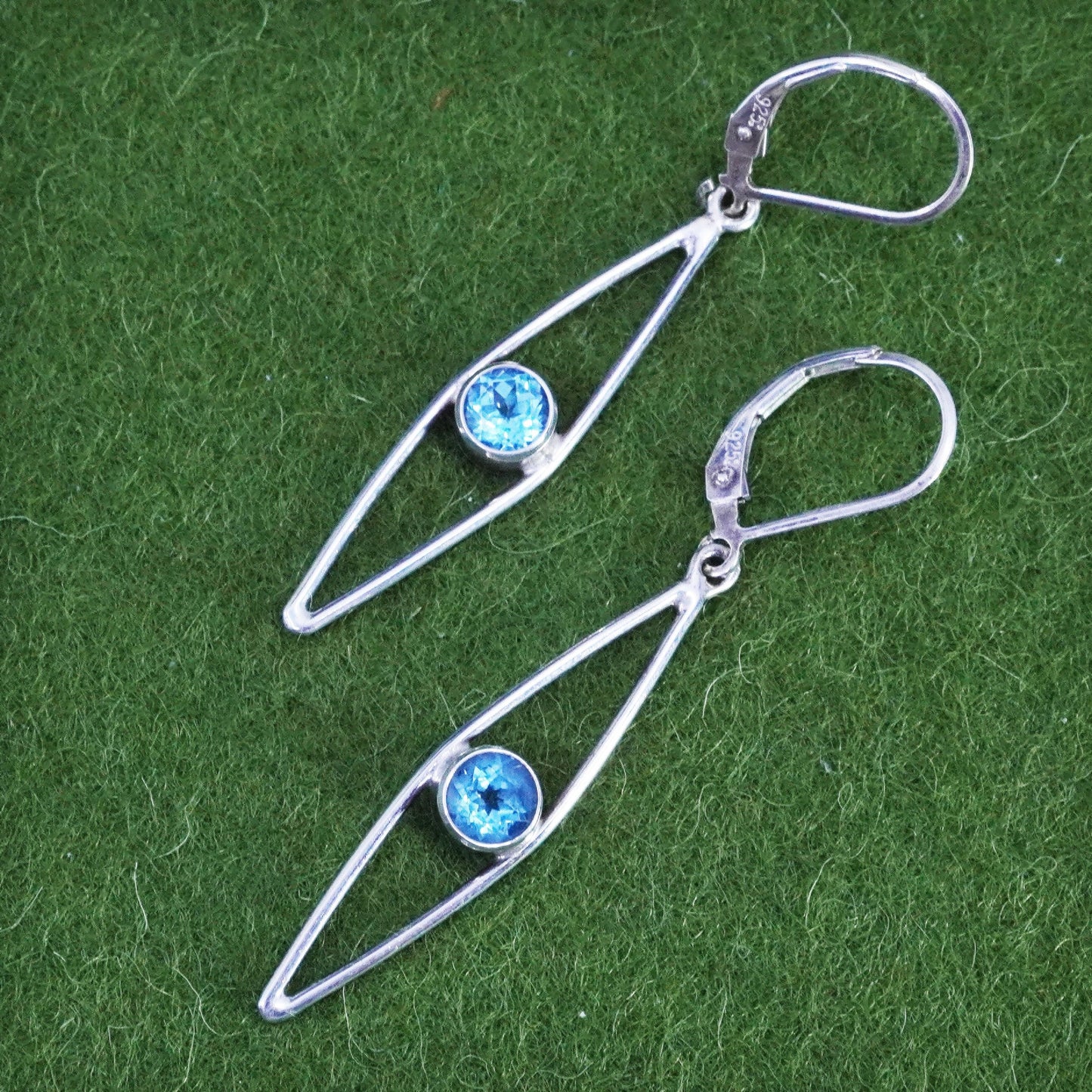 sterling silver handmade earrings, 925 marquise shaped drops with blue crystal
