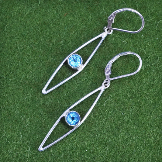 sterling silver handmade earrings, 925 marquise shaped drops with blue crystal