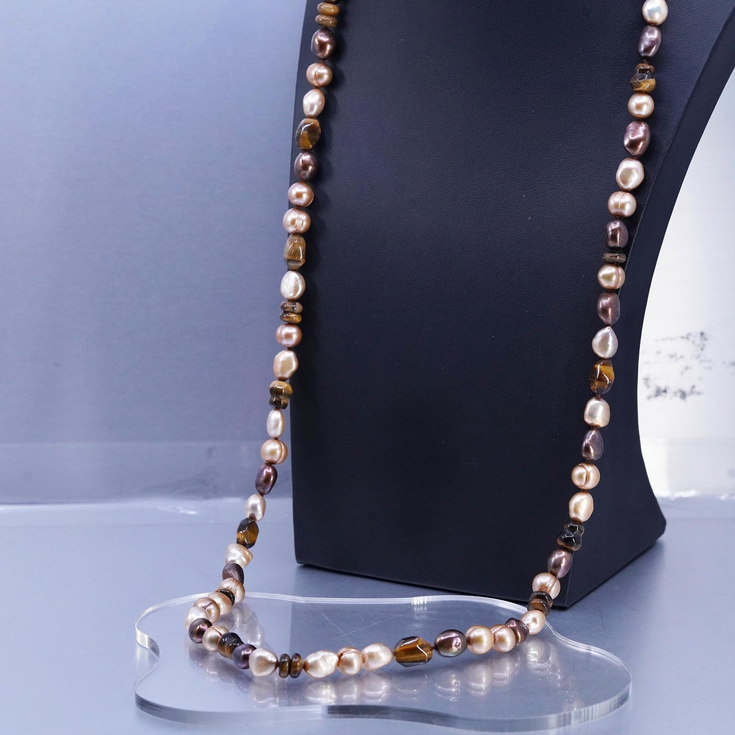 36”, Sterling 925 silver extra long necklace golden tiger eye, pearl nugget