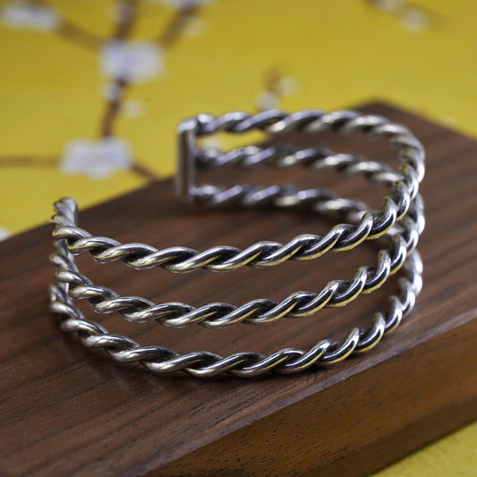 6.5”, Vintage Sterling silver handmade bracelet, 925 wide twisted cable cuff