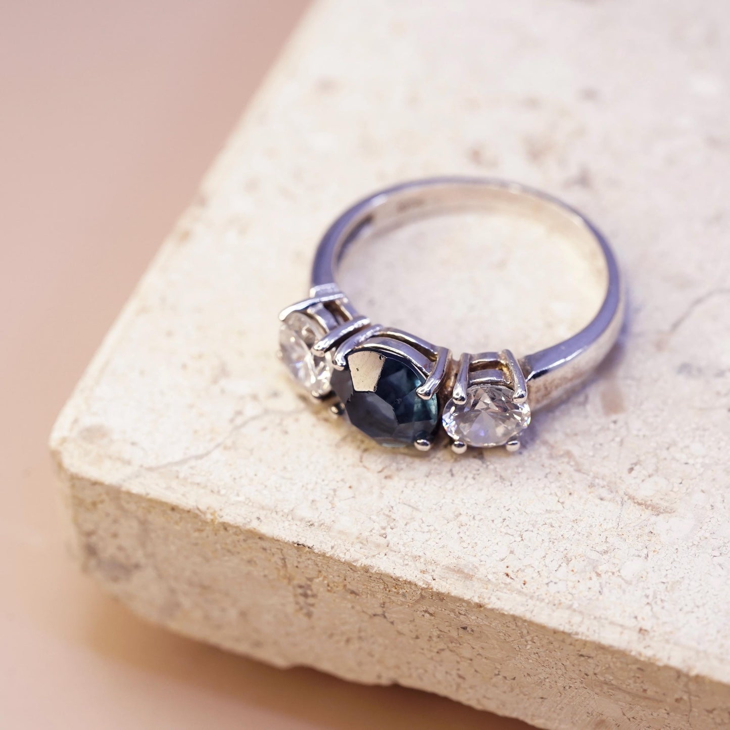 Size 9.25, vintage sterling 925 silver handmade ring with blue topaz