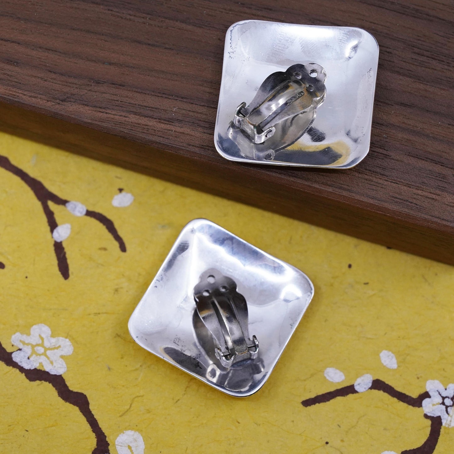 Mexican two tone Sterling silver square earrings, 925 clip on with brass tube