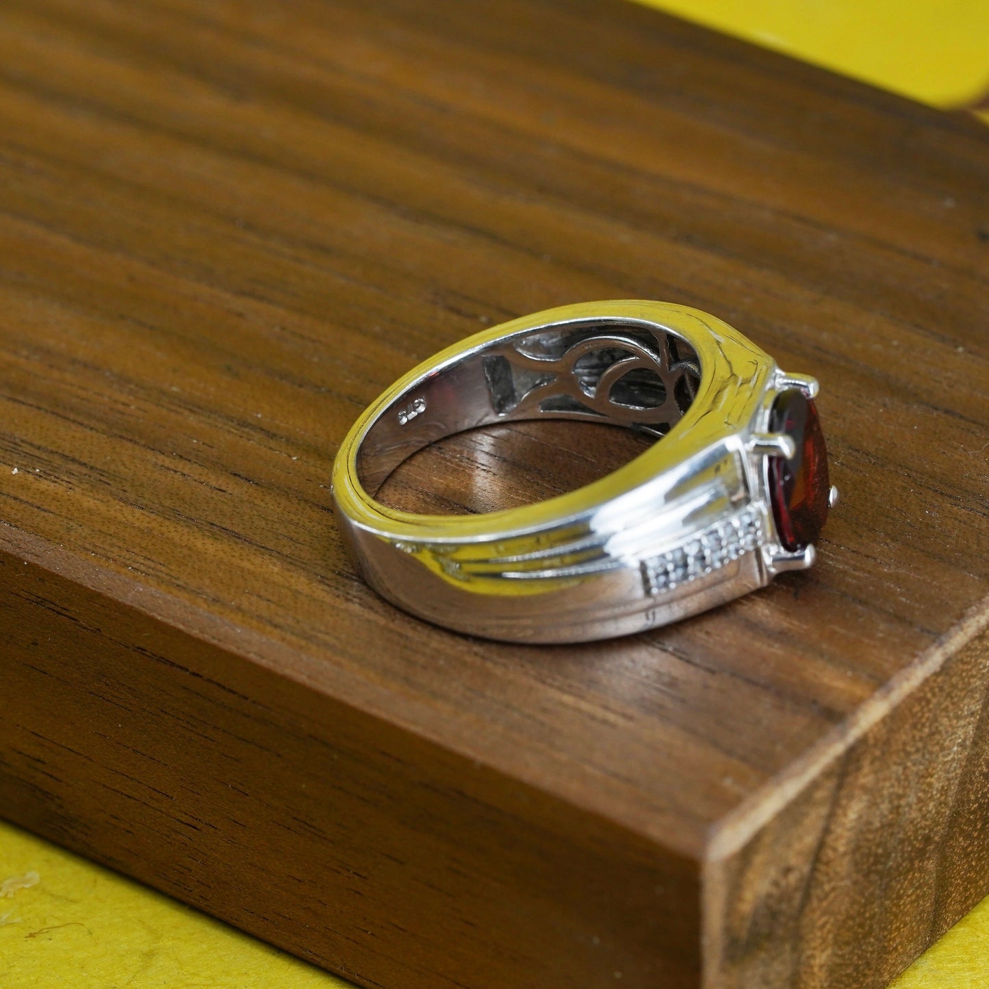 Size 10, Sterling 925 silver handmade statement ring with ruby and diamonds